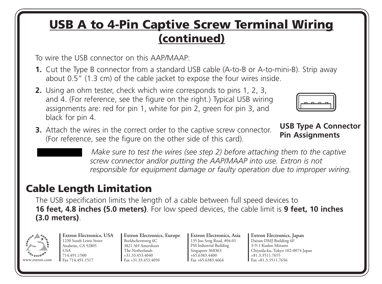 Usb a to 4-pin captive screw terminal wiring, Continued), Cable length limitation | Extron Electronics USB A to 4-Pin Captive Screw Terminal Wiring User Manual | Page 2 / 2