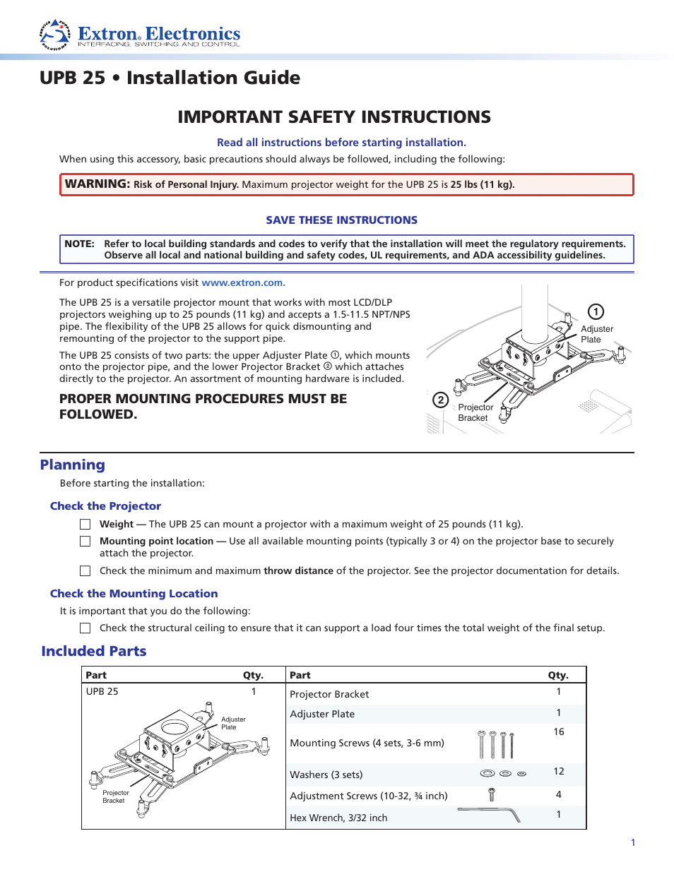 Extron Electronics UPB 25 Installation User Manual | 4 pages