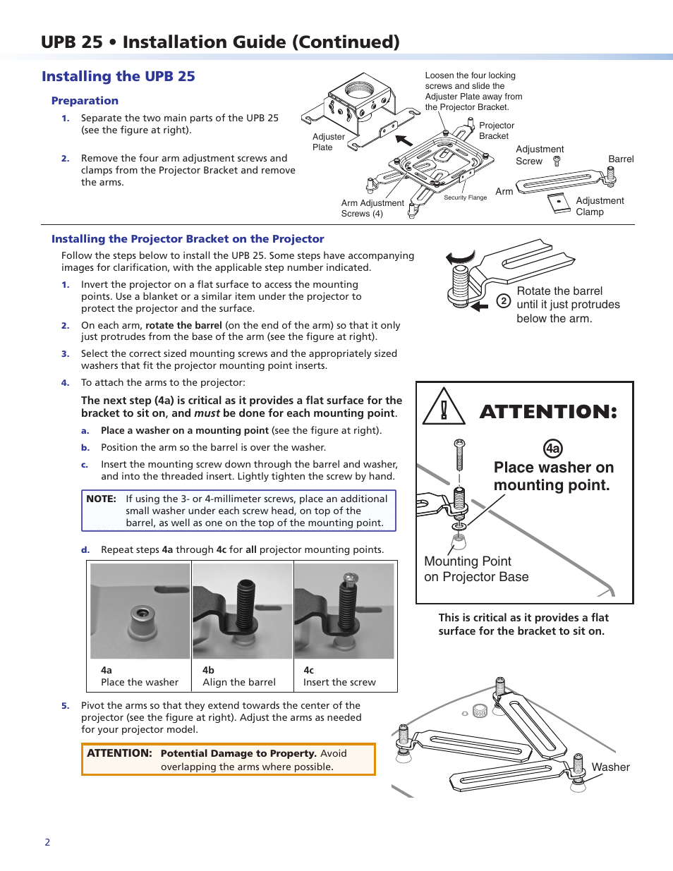Attention, Upb 25 • installation guide (continued), Place washer on mounting point | Installing the upb 25, Mounting point on projector base | Extron Electronics UPB 25 Installation User Manual | Page 2 / 4