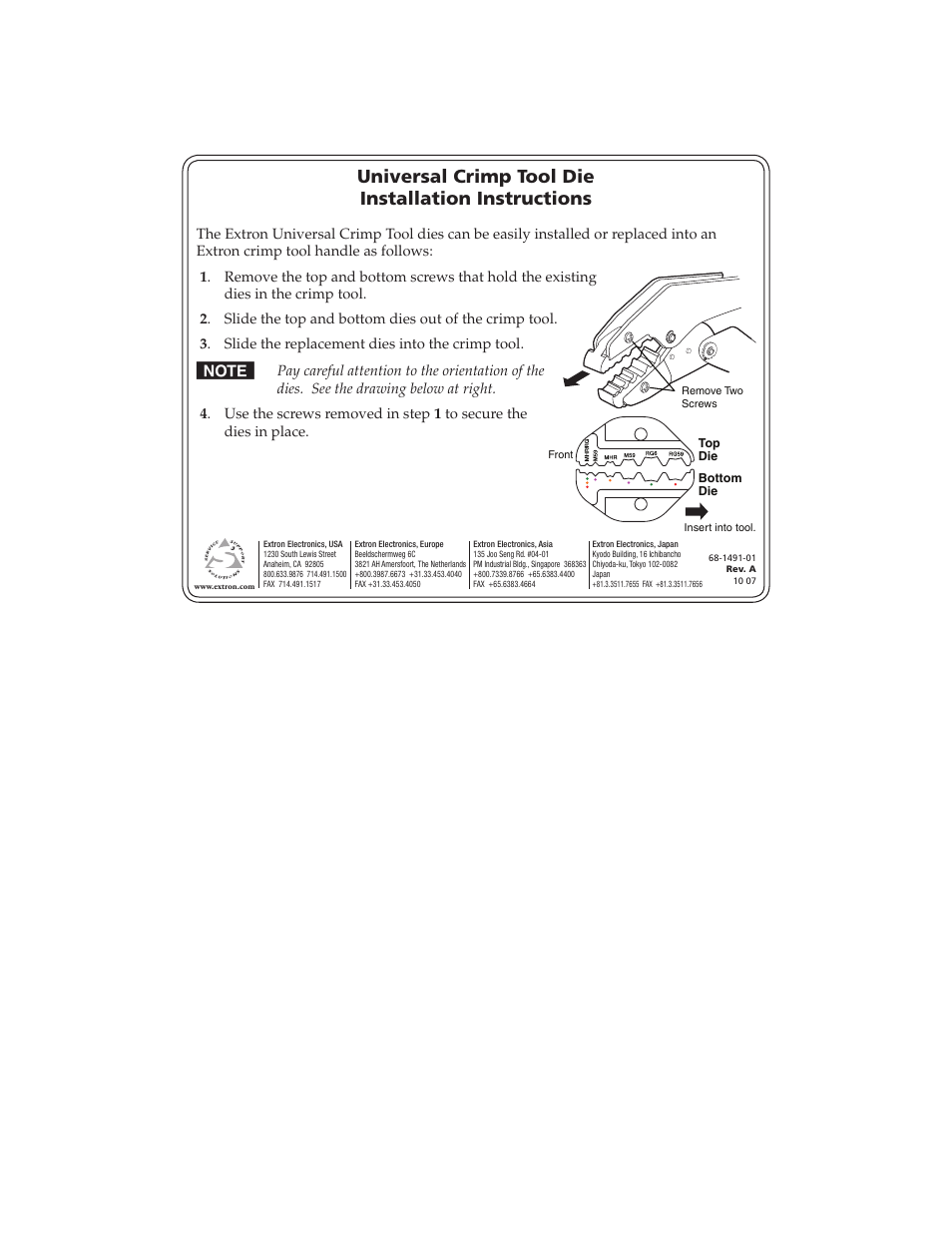 Extron Electronics Universal Crimp Tool Die Installation User Manual | 1 page