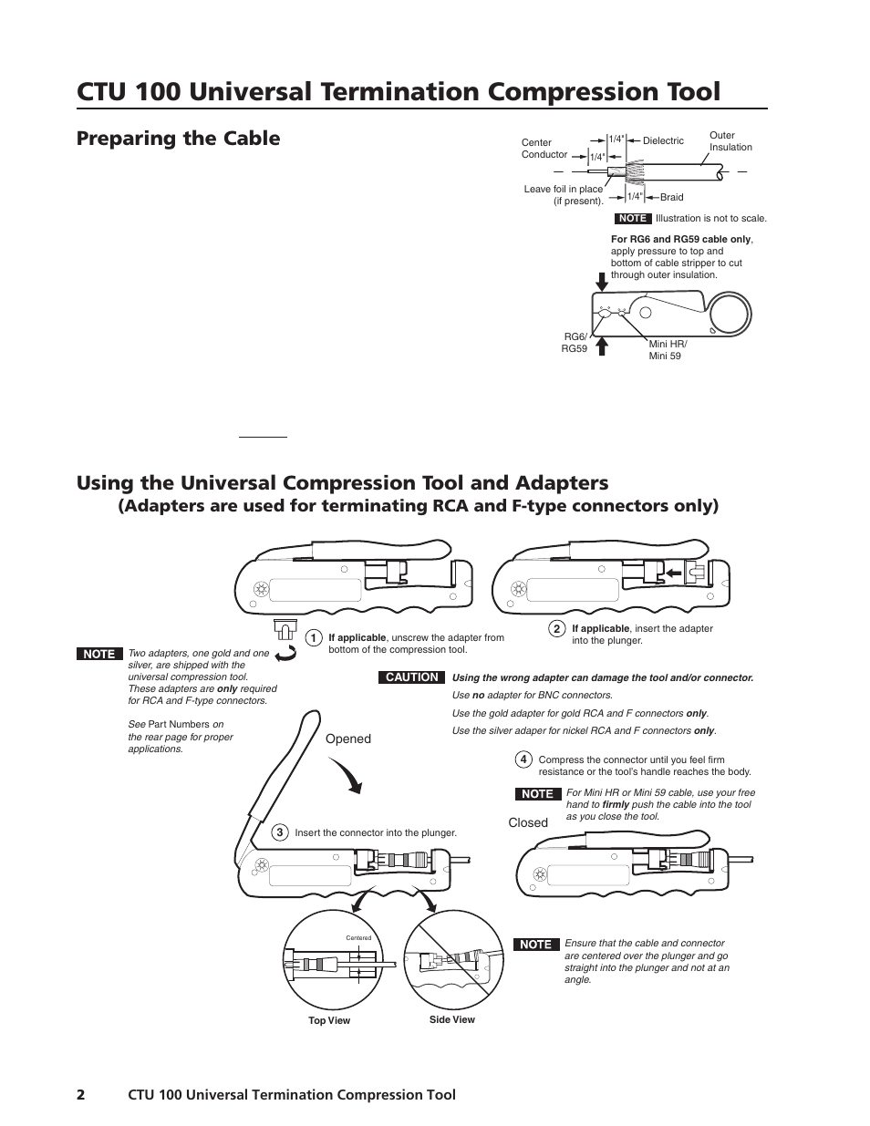 Ctu 100 universal termination compression tool, Preparing the cable, Using the universal compression tool and adapters | Extron Electronics CTU 100 User Manual | Page 2 / 5