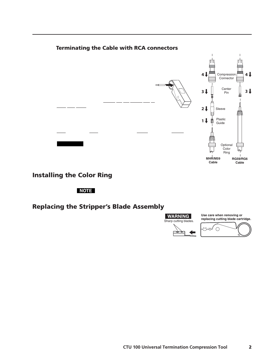 Installing the color ring, Replacing the stripper’s blade assembly, Terminating the cable with rca connectors | Extron Electronics CTU 100 User Manual | Page 4 / 5