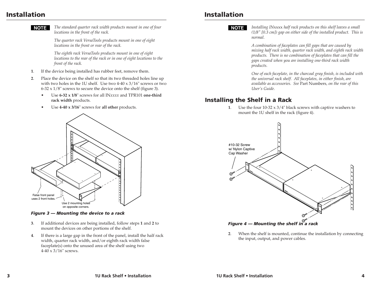Installation, Installing the shelf in a rack | Extron Electronics Basic 1U Rack Shelf User Manual | Page 3 / 3