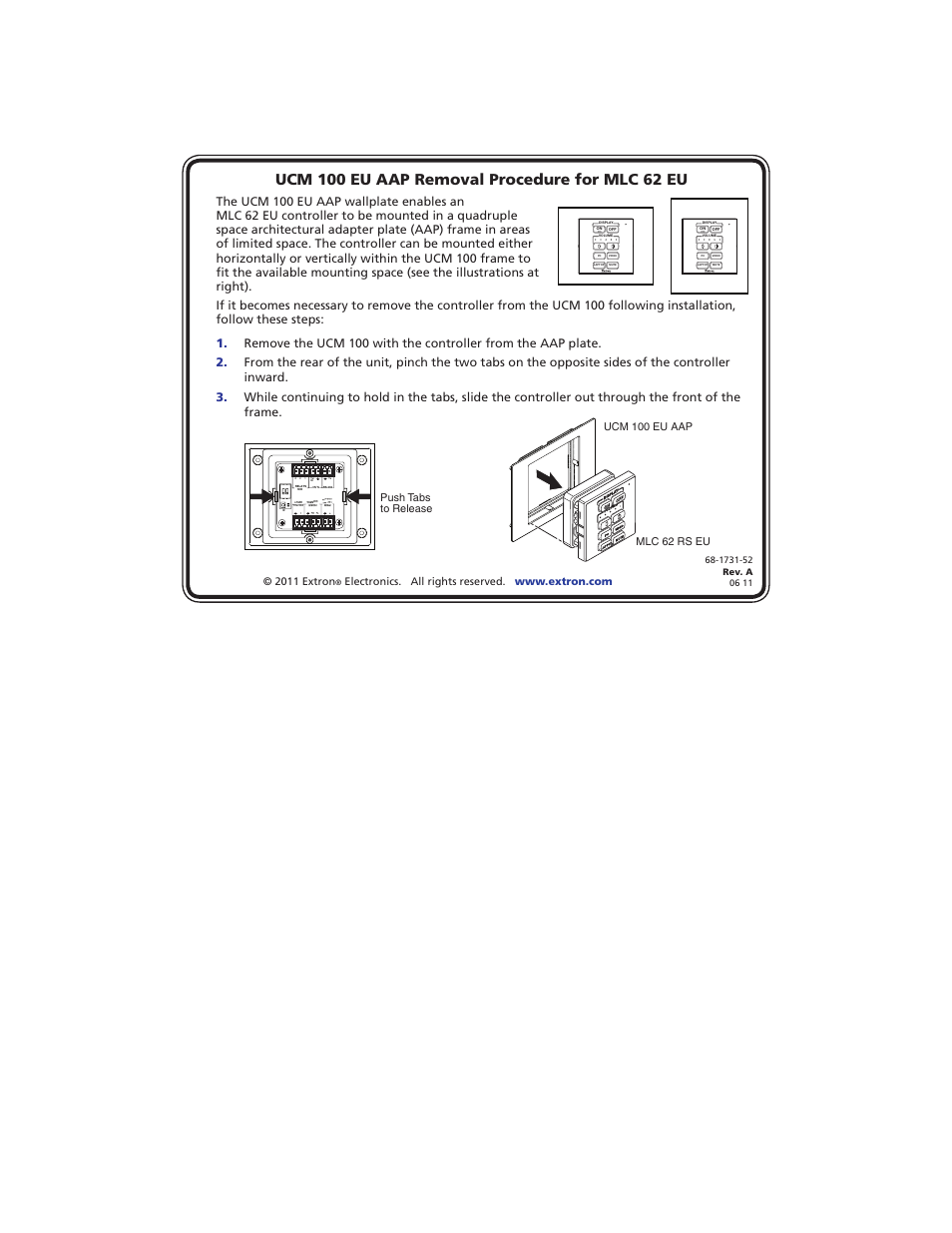 Extron Electronics UCM 100 EU AAP Removal Procedure for MLC 62 EU User Manual | 1 page