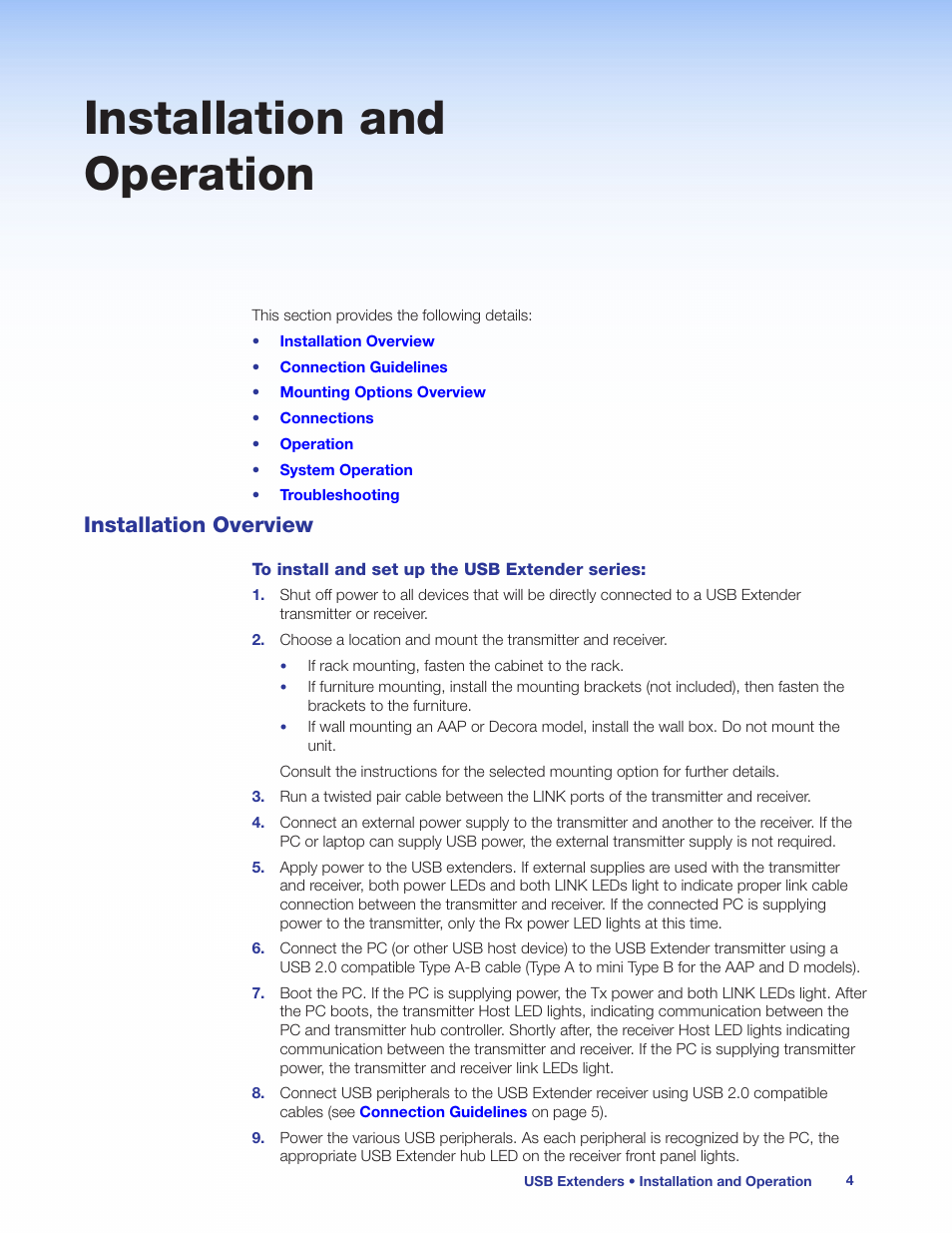 Installation and operation, Installation overview | Extron Electronics USB Extenders User Guide User Manual | Page 10 / 23