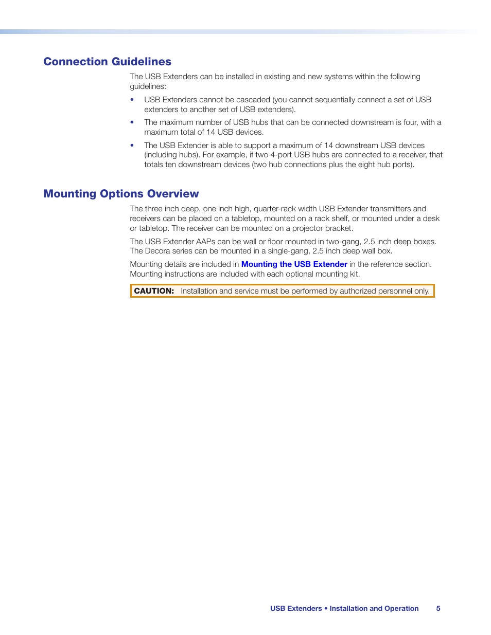 Connection guidelines, Mounting options overview, Connection guidelines mounting options overview | Extron Electronics USB Extenders User Guide User Manual | Page 11 / 23