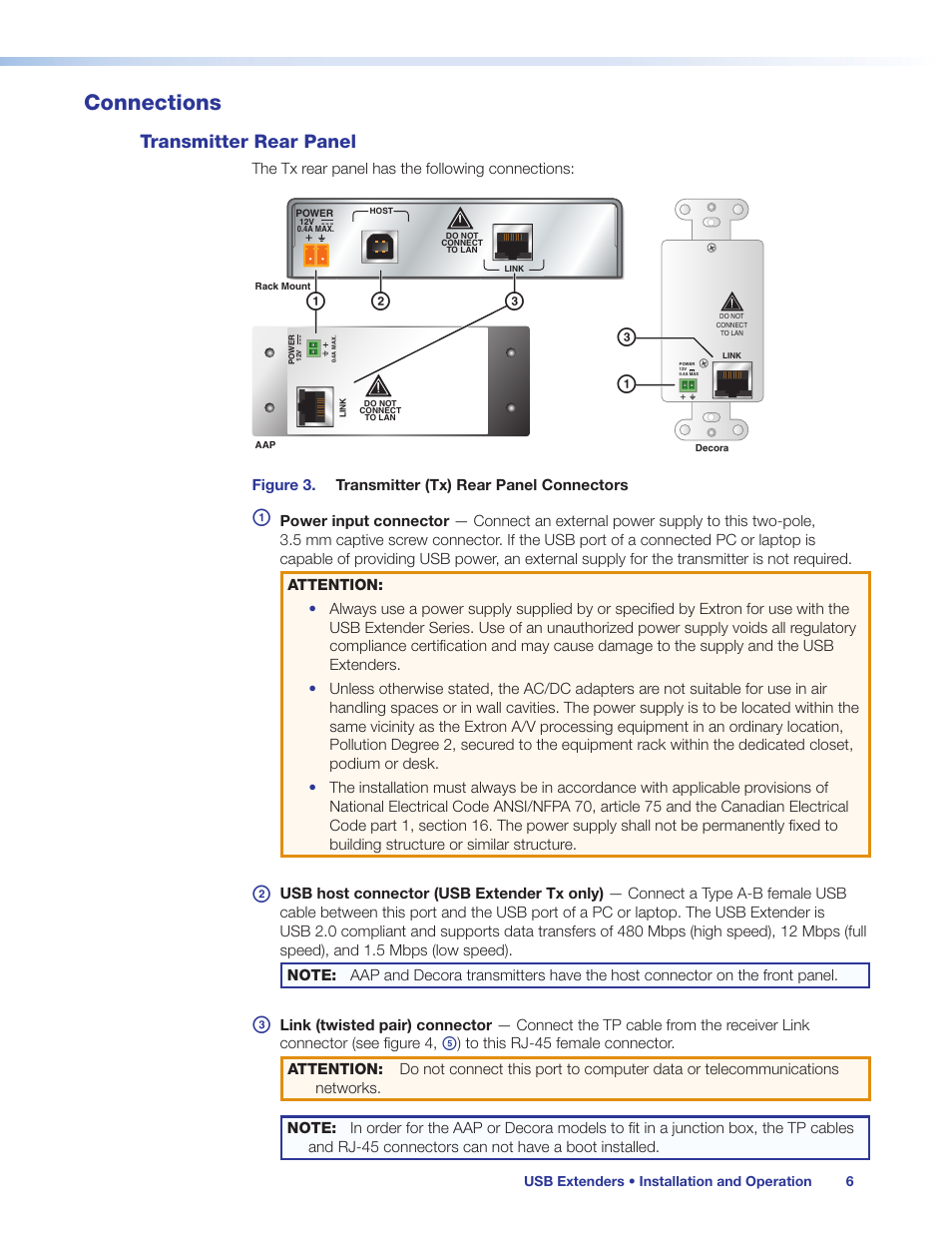 Connections, Transmitter rear panel, Bc a | Extron Electronics USB Extenders User Guide User Manual | Page 12 / 23