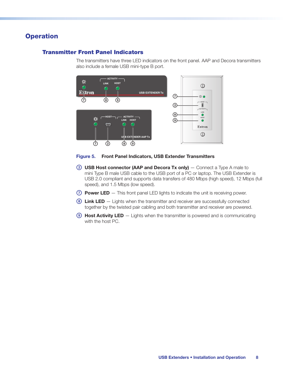 Operation, Transmitter front panel indicators, Bg h i | Extron Electronics USB Extenders User Guide User Manual | Page 14 / 23