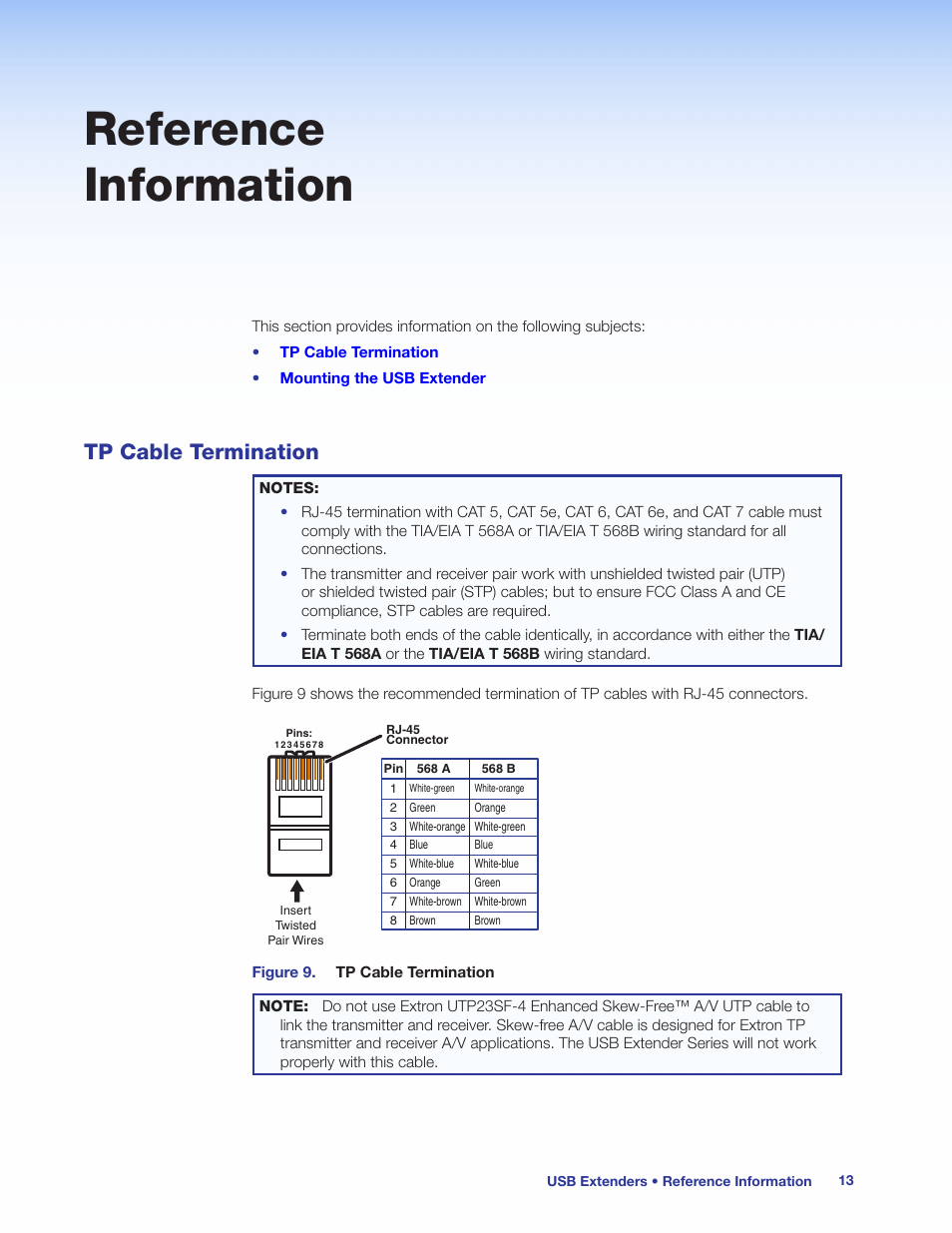 Reference information, Tp cable termination | Extron Electronics USB Extenders User Guide User Manual | Page 19 / 23