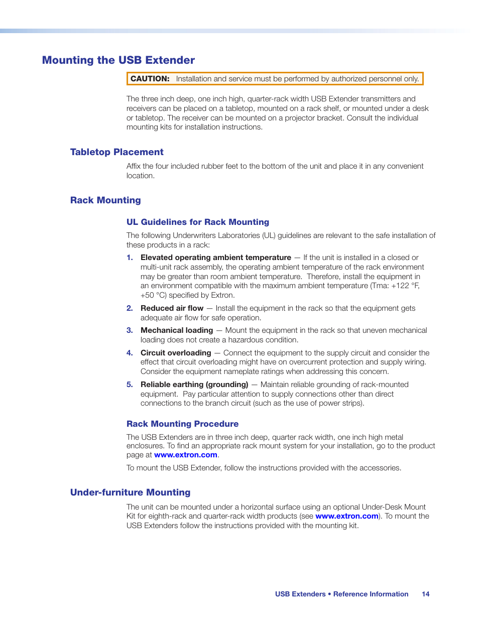 Mounting the usb extender, Tabletop placement, Rack mounting | Under-furniture mounting | Extron Electronics USB Extenders User Guide User Manual | Page 20 / 23