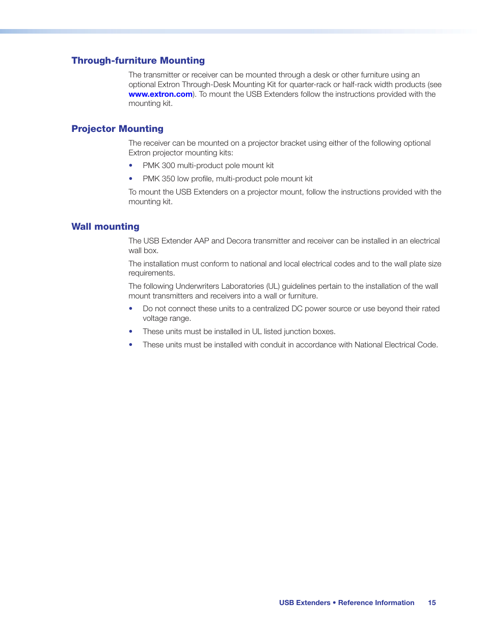 Through-furniture mounting, Projector mounting, Wall mounting | Extron Electronics USB Extenders User Guide User Manual | Page 21 / 23