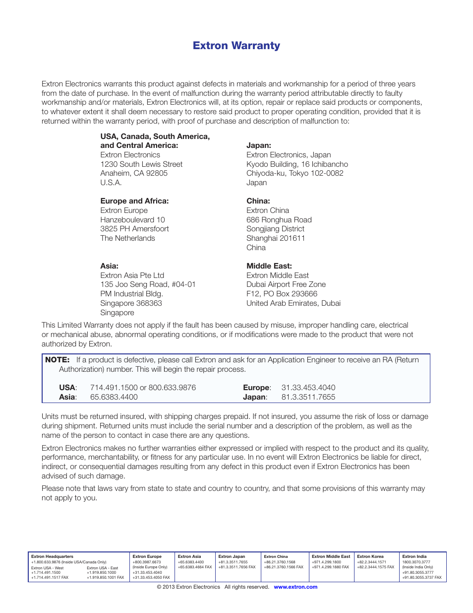 Extron warranty, Contact information | Extron Electronics USB Extenders User Guide User Manual | Page 23 / 23