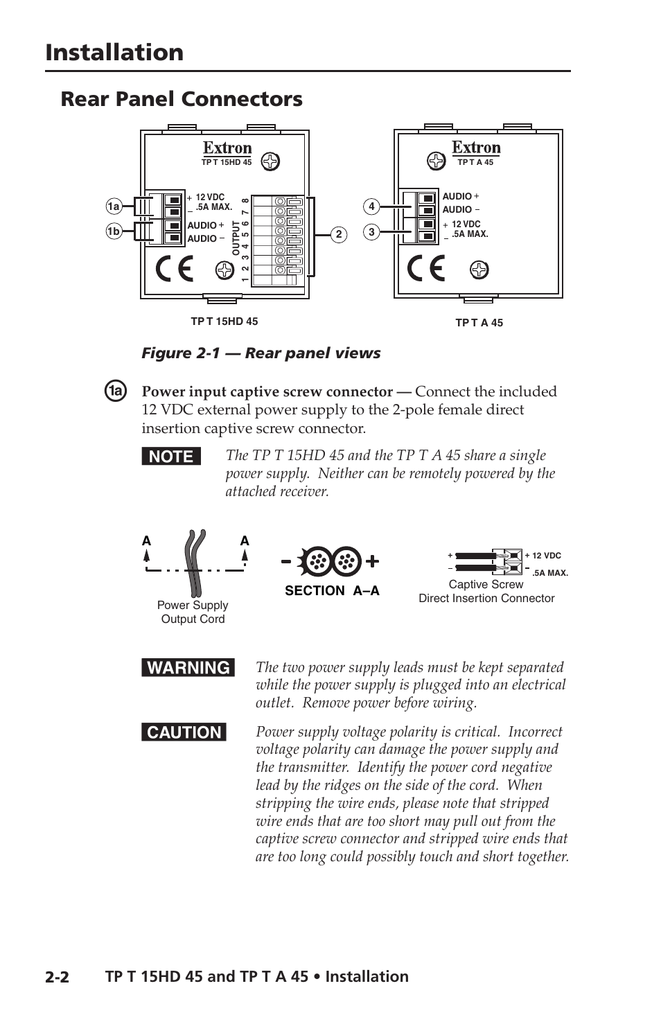 Rear panel connectors, Installation, Power wiring.eps | Figure 2-1 — rear panel views | Extron Electronics TP T 15HD 45, TP T A 45 User Guide User Manual | Page 12 / 28