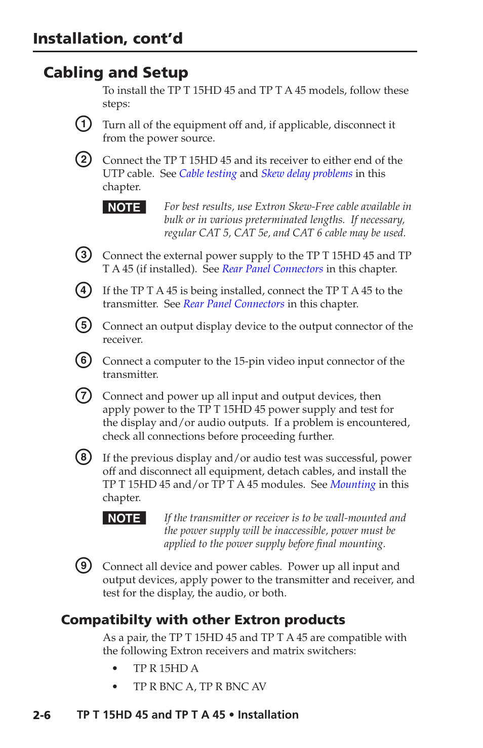 Cabling and setup, Compatibilty with other extron products, Compatibilty with other extron products -6 | Installation, cont’d | Extron Electronics TP T 15HD 45, TP T A 45 User Guide User Manual | Page 16 / 28