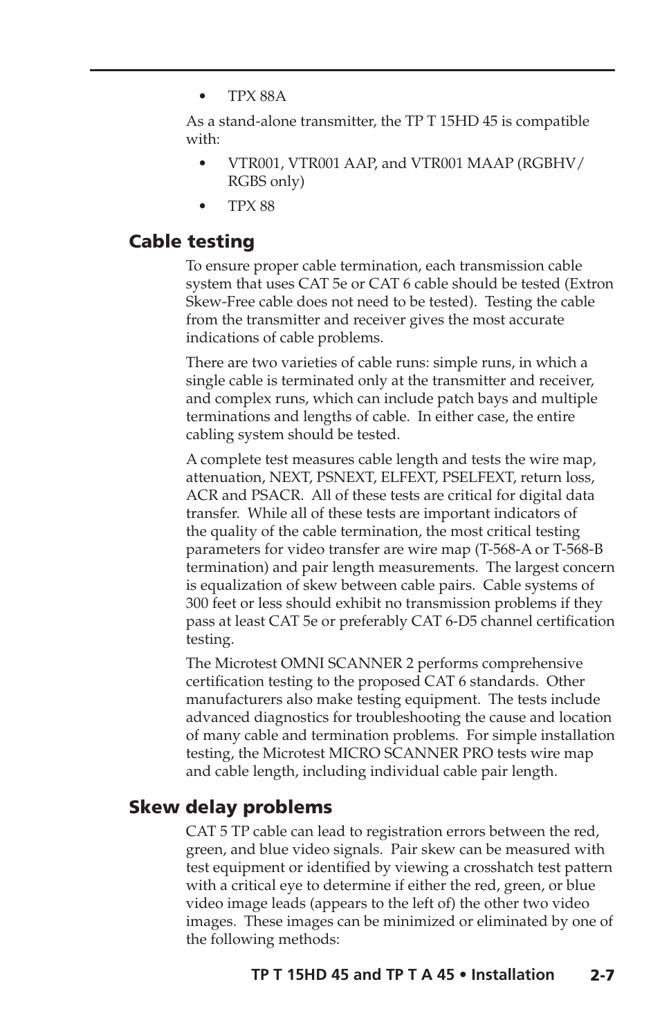 Cable testing, Skew delay problems, Cable testing -7 skew delay problems -7 | Cable. see, In this | Extron Electronics TP T 15HD 45, TP T A 45 User Guide User Manual | Page 17 / 28