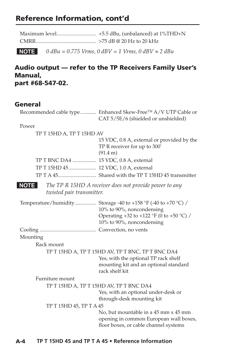 Reference information, cont’d | Extron Electronics TP T 15HD 45, TP T A 45 User Guide User Manual | Page 22 / 28