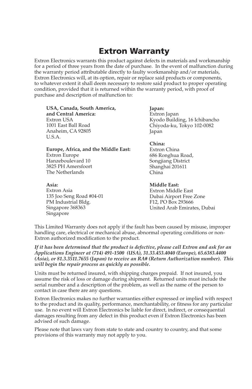 Extron warranty | Extron Electronics TP T 15HD 45, TP T A 45 User Guide User Manual | Page 27 / 28
