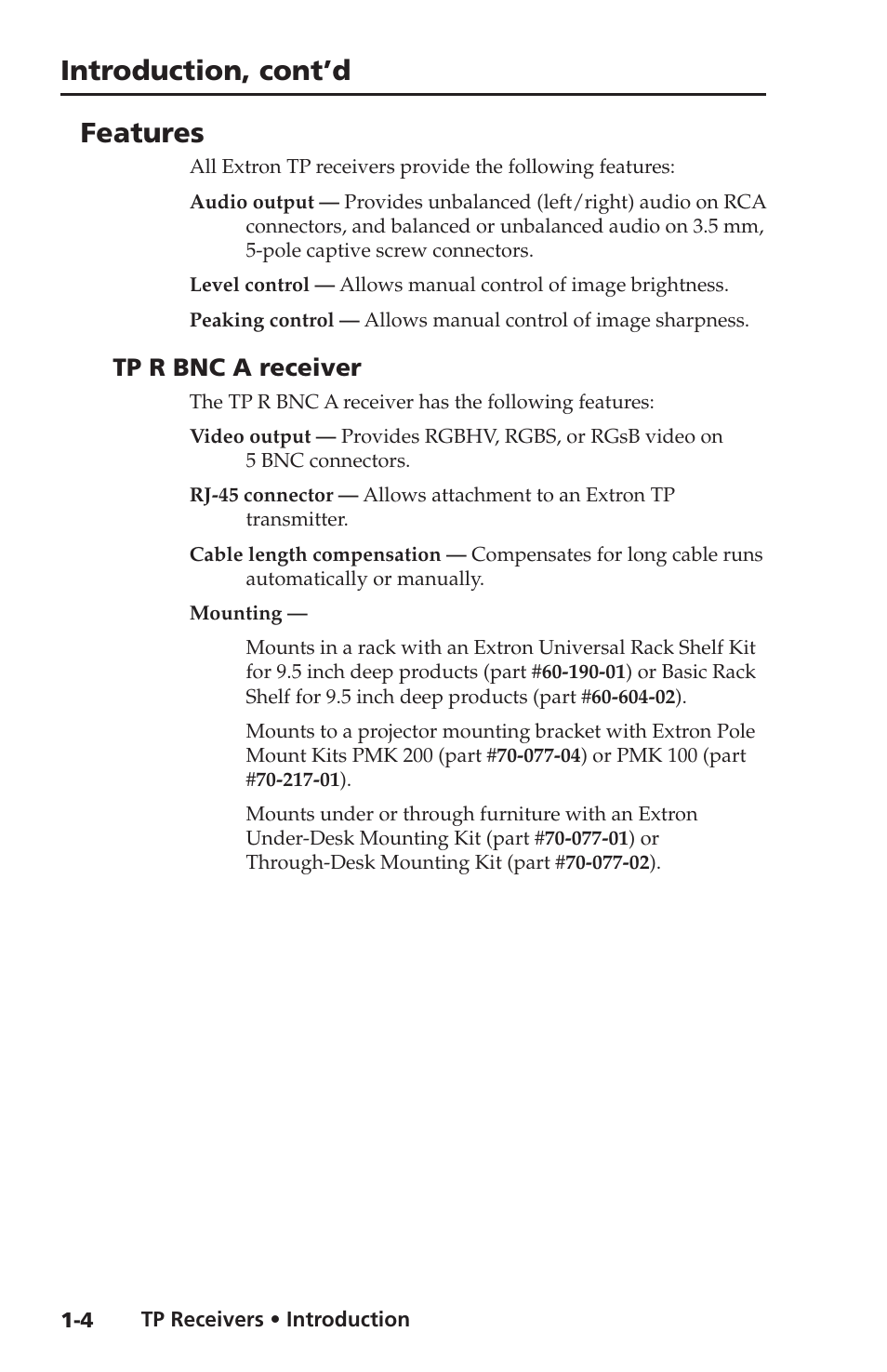 Features, Tp r bnc a receiver, Introduction, cont’d | Extron Electronics TP Receivers User Guide User Manual | Page 10 / 44