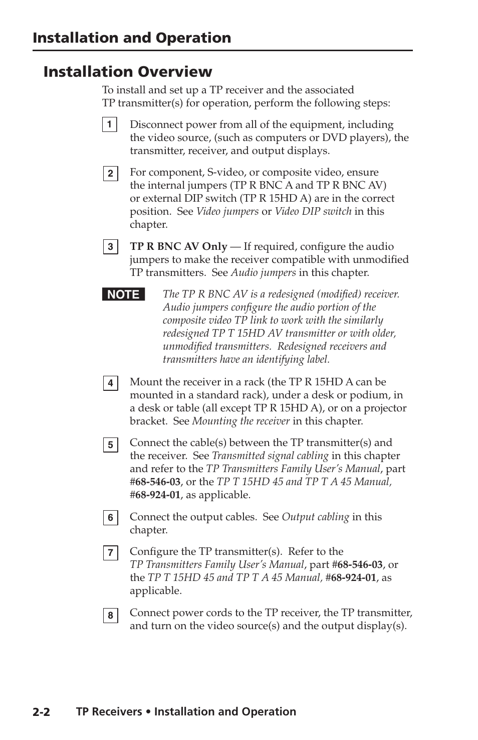 Installation overview, Installation and operation, cont’d, Installation and operation | Extron Electronics TP Receivers User Guide User Manual | Page 14 / 44