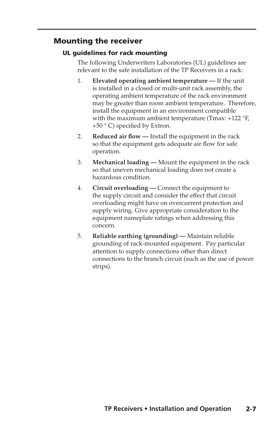 Mounting the receiver, Ul guidelines for rack mounting | Extron Electronics TP Receivers User Guide User Manual | Page 19 / 44