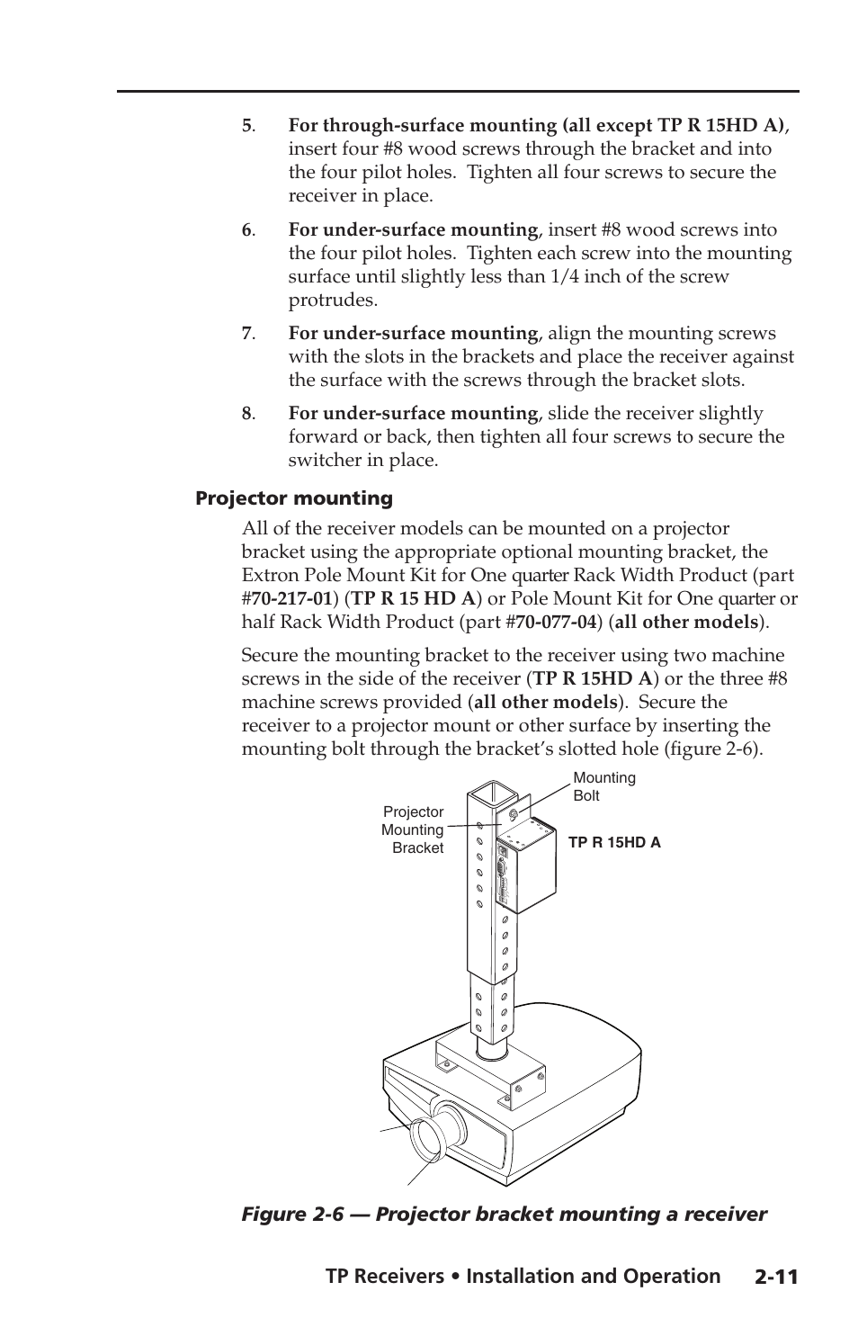 Projector mounting, Tp receivers • installation and operation, Figure 2-6 — projector bracket mounting a receiver | Extron Electronics TP Receivers User Guide User Manual | Page 23 / 44