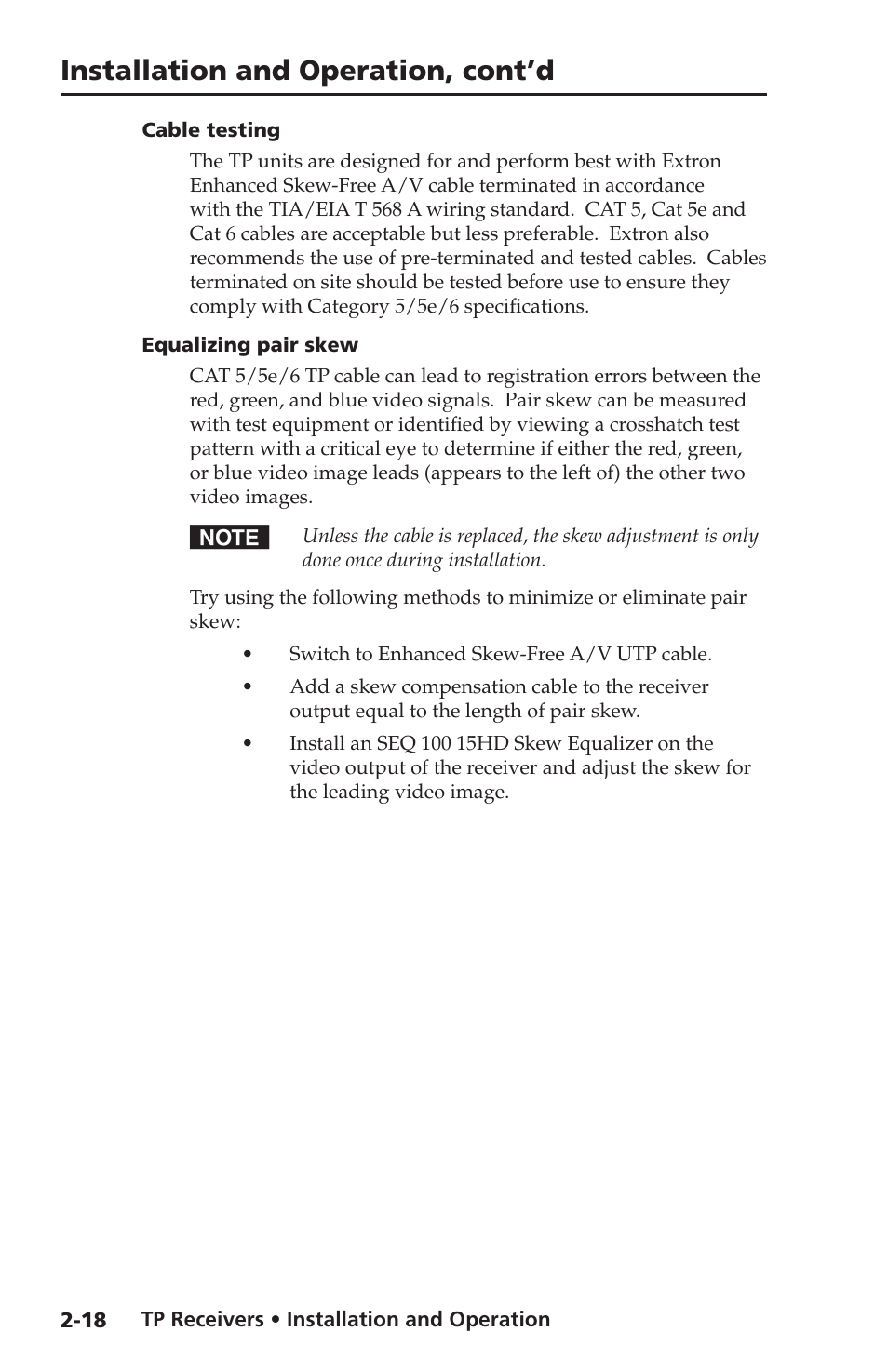 Cable testing, Equalizing pair skew, Installation and operation, cont’d | Extron Electronics TP Receivers User Guide User Manual | Page 30 / 44