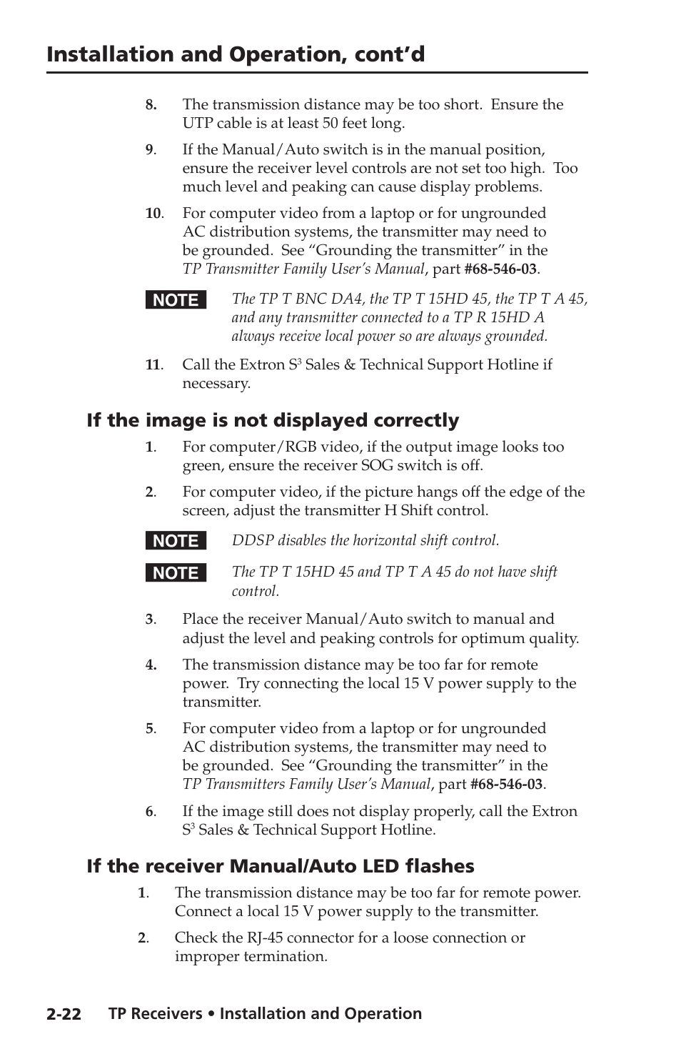If the image is not displayed correctly, If the receiver manual/auto led flashes, Installation and operation, cont’d | Extron Electronics TP Receivers User Guide User Manual | Page 34 / 44