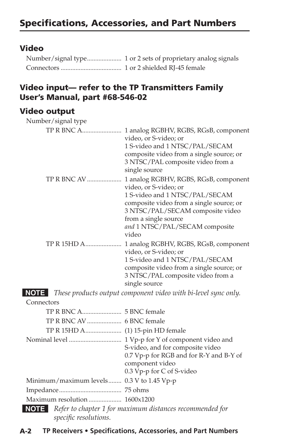 Specifications, accessories, and part numbers, Video | Extron Electronics TP Receivers User Guide User Manual | Page 36 / 44