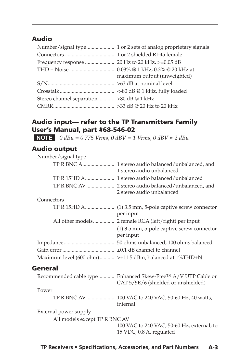 Audio, Audio output, General | Extron Electronics TP Receivers User Guide User Manual | Page 37 / 44