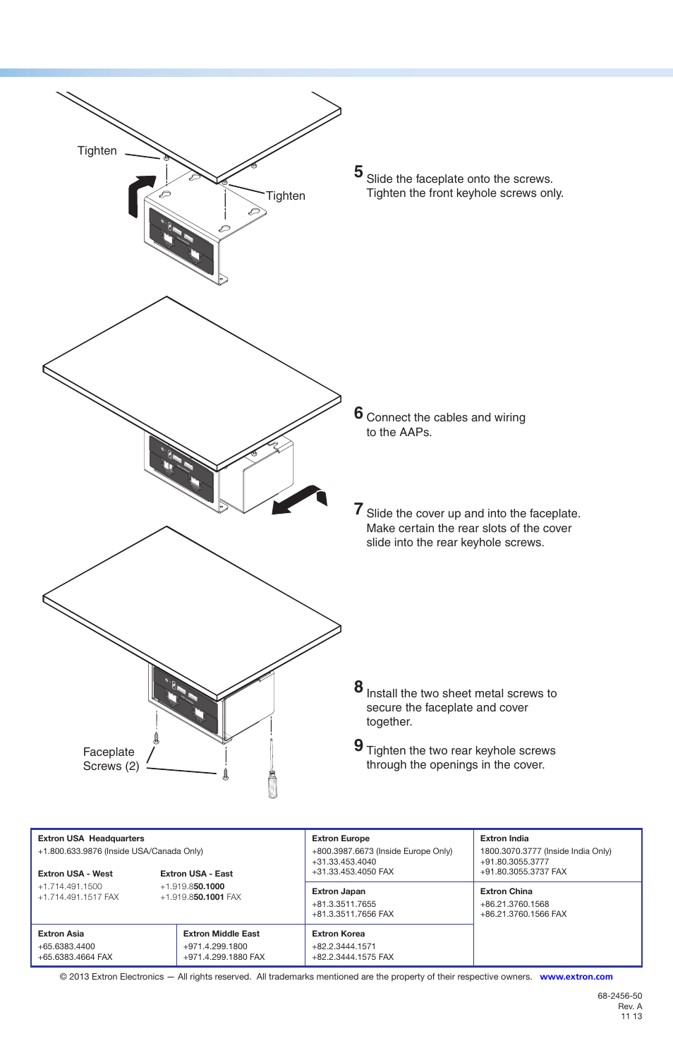 Tighten, Connect the cables and wiring to the aaps, Install aaps in the faceplate | Extron Electronics TMK Series Installation User Manual | Page 2 / 2