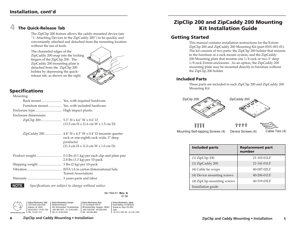 Untitled, Installation, cont’d, Getting started | Specifications | Extron Electronics ZipCaddy 200 User Manual | Page 4 / 4