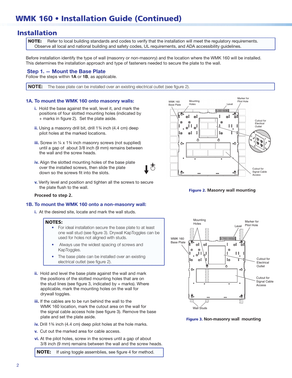 Wmk 160 • installation guide (continued), Installation, Step 1 | Mount the base plate | Extron Electronics WMK 160 User Manual | Page 2 / 6