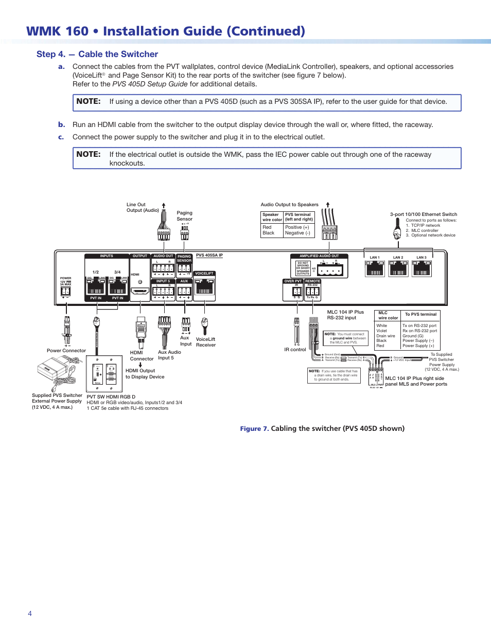 Wmk 160 • installation guide (continued), Wmk 150 • setup guide, cont'd, Step 4 | Cable the switcher, Cabling the switcher (pvs 405d shown), Figure 7 | Extron Electronics WMK 160 User Manual | Page 4 / 6