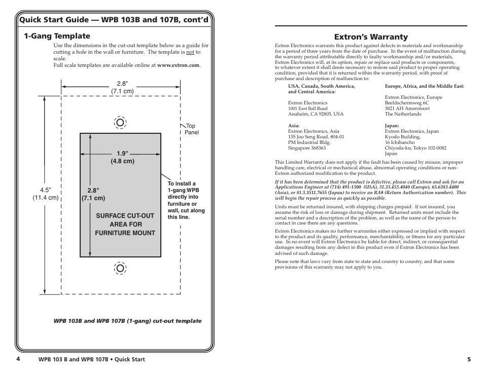 Extron’s warranty | Extron Electronics WPB 103B and WPB 107B Wall Plates Quick Start User Manual | Page 4 / 4