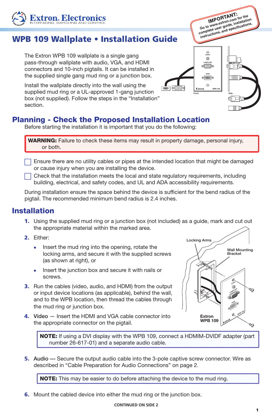 Extron Electronics WPB 109 Wallplate User Manual | 2 pages