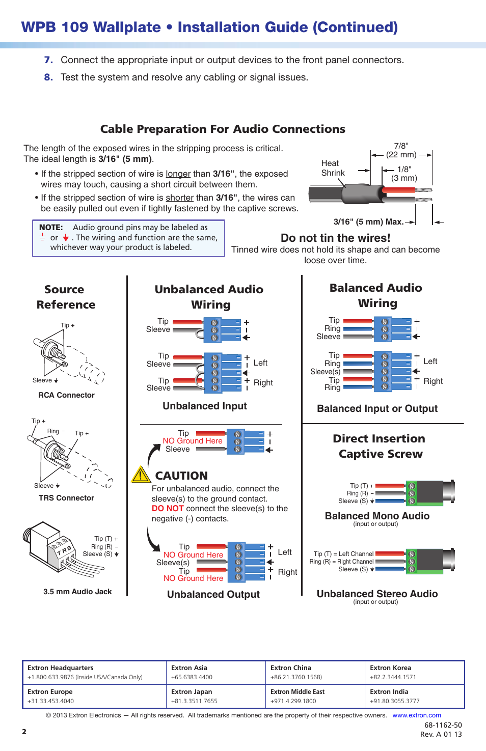 Wpb 109 wallplate • installation guide (continued), Direct insertion captive screw, Caution | Cable preparation for audio connections, Do not tin the wires, Unbalanced input, Unbalanced output | Extron Electronics WPB 109 Wallplate User Manual | Page 2 / 2