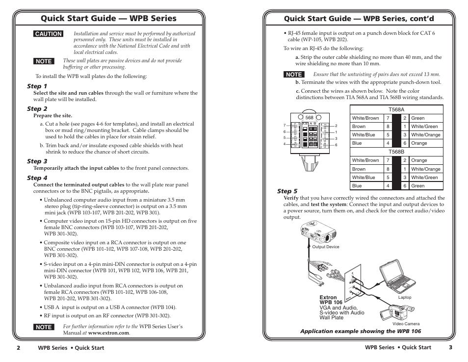 Quick start guide — wpb series, Quick start guide — wpb series, cont’d, Co mp ut er au dio r l s-v ide o | Extron Electronics WPB Series Wall Plates Quick Start User Manual | Page 3 / 5