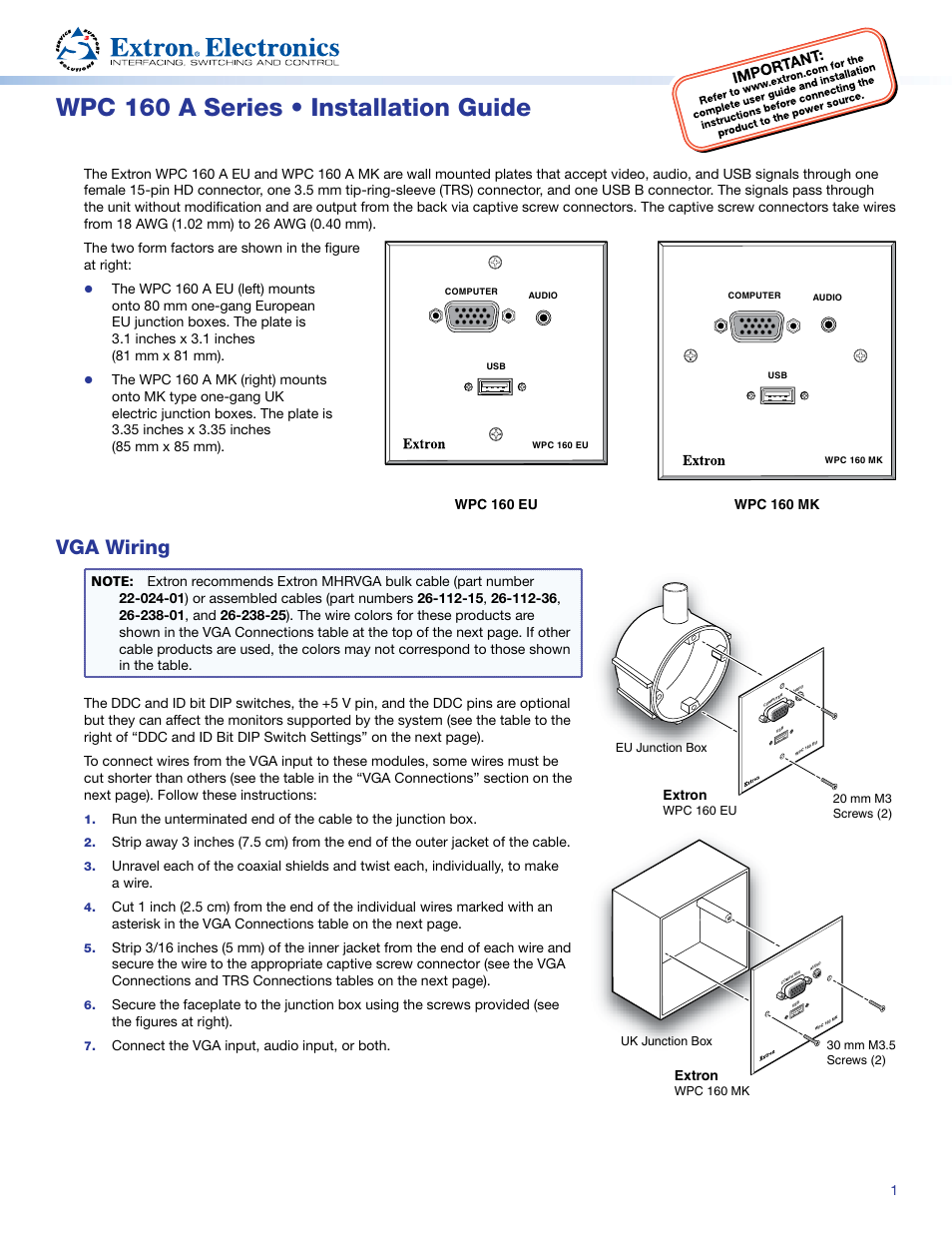 Extron Electronics WPC 160 A Series User Manual | 2 pages