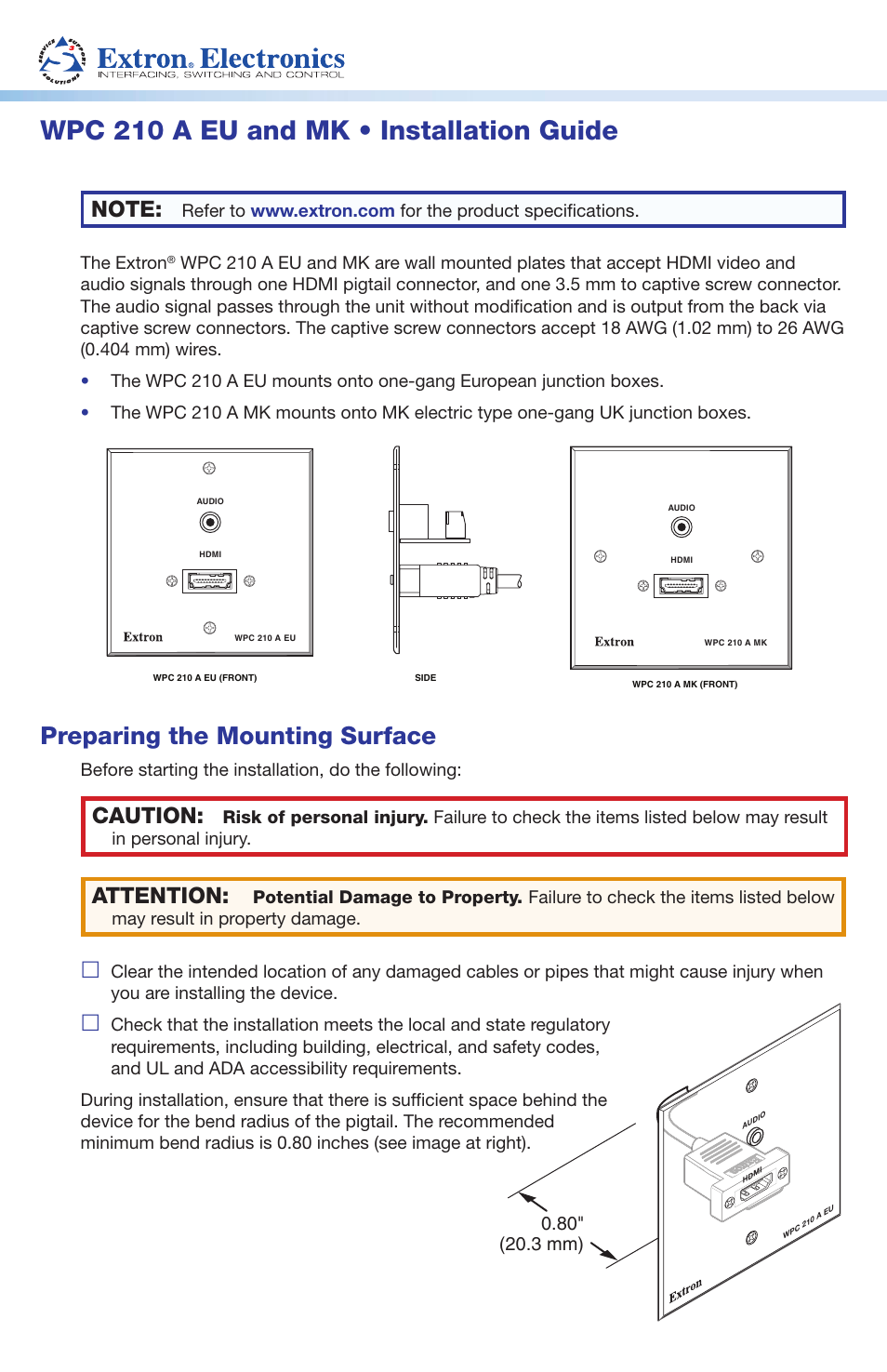 Extron Electronics WPC 210 A EU and MK User Manual | 2 pages