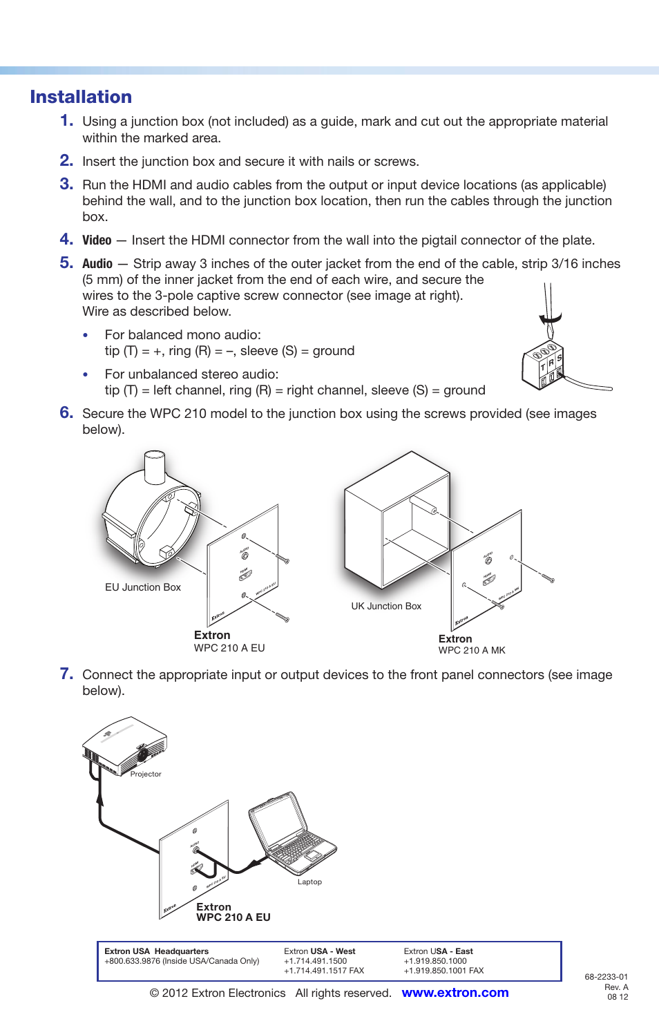 Installation, Extron, 2012 extron electronics all rights reserved | Extron Electronics WPC 210 A EU and MK User Manual | Page 2 / 2