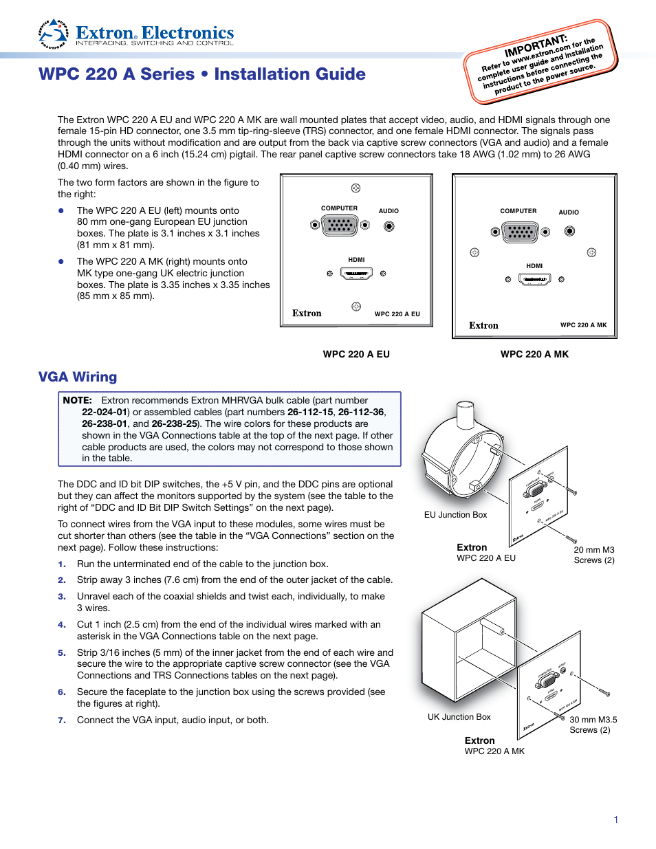 Extron Electronics WPC 220 A Series User Manual | 2 pages