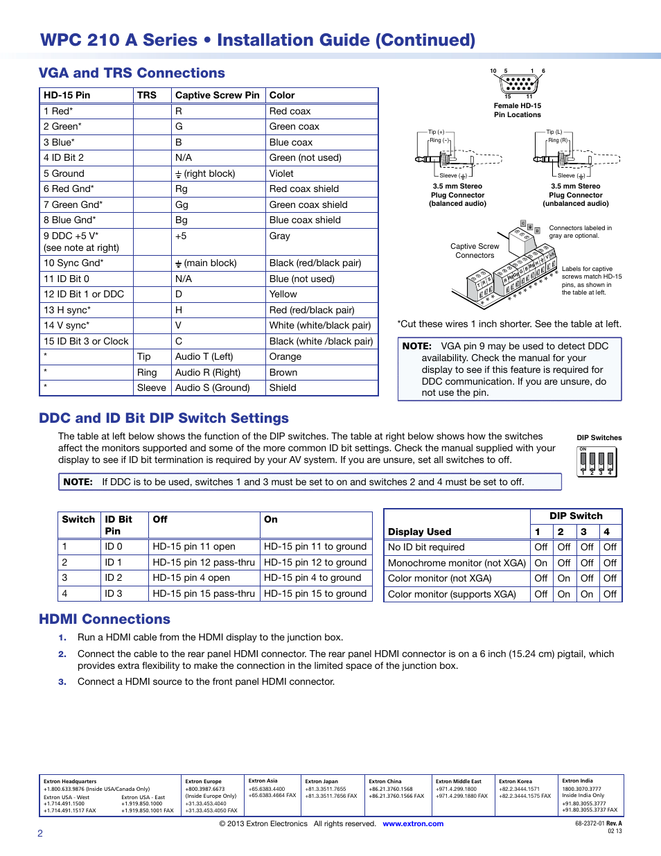 Wpc 210 a series • installation guide (continued), Vga and trs connections, Ddc and id bit dip switch settings | Hdmi connections | Extron Electronics WPC 220 A Series User Manual | Page 2 / 2