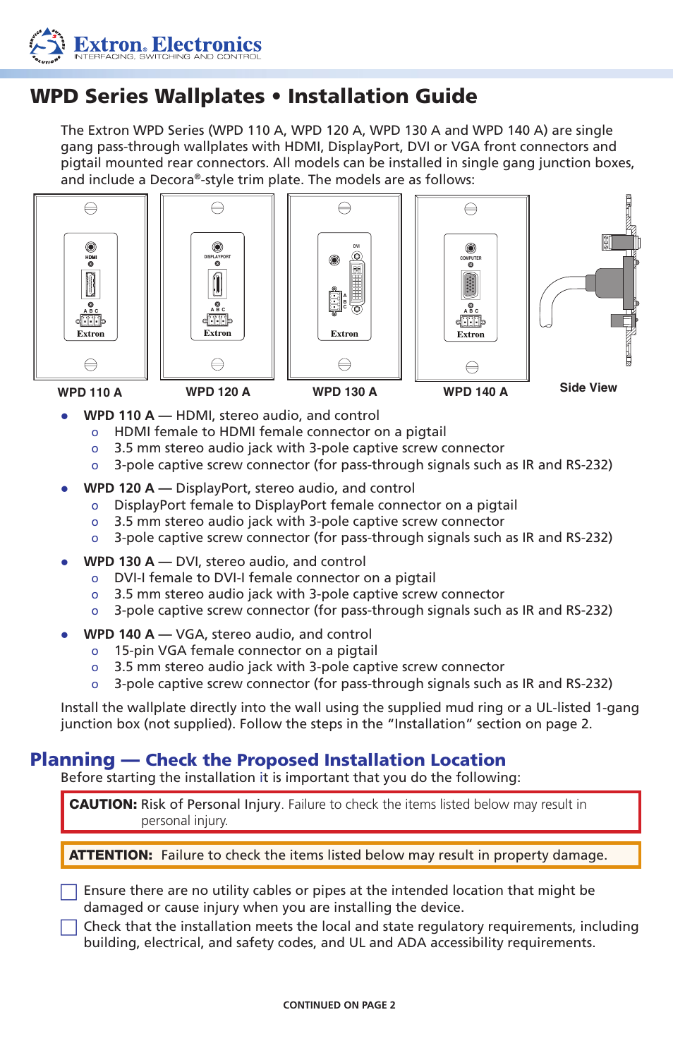 Extron Electronics WPD Series Wallplates User Manual | 2 pages