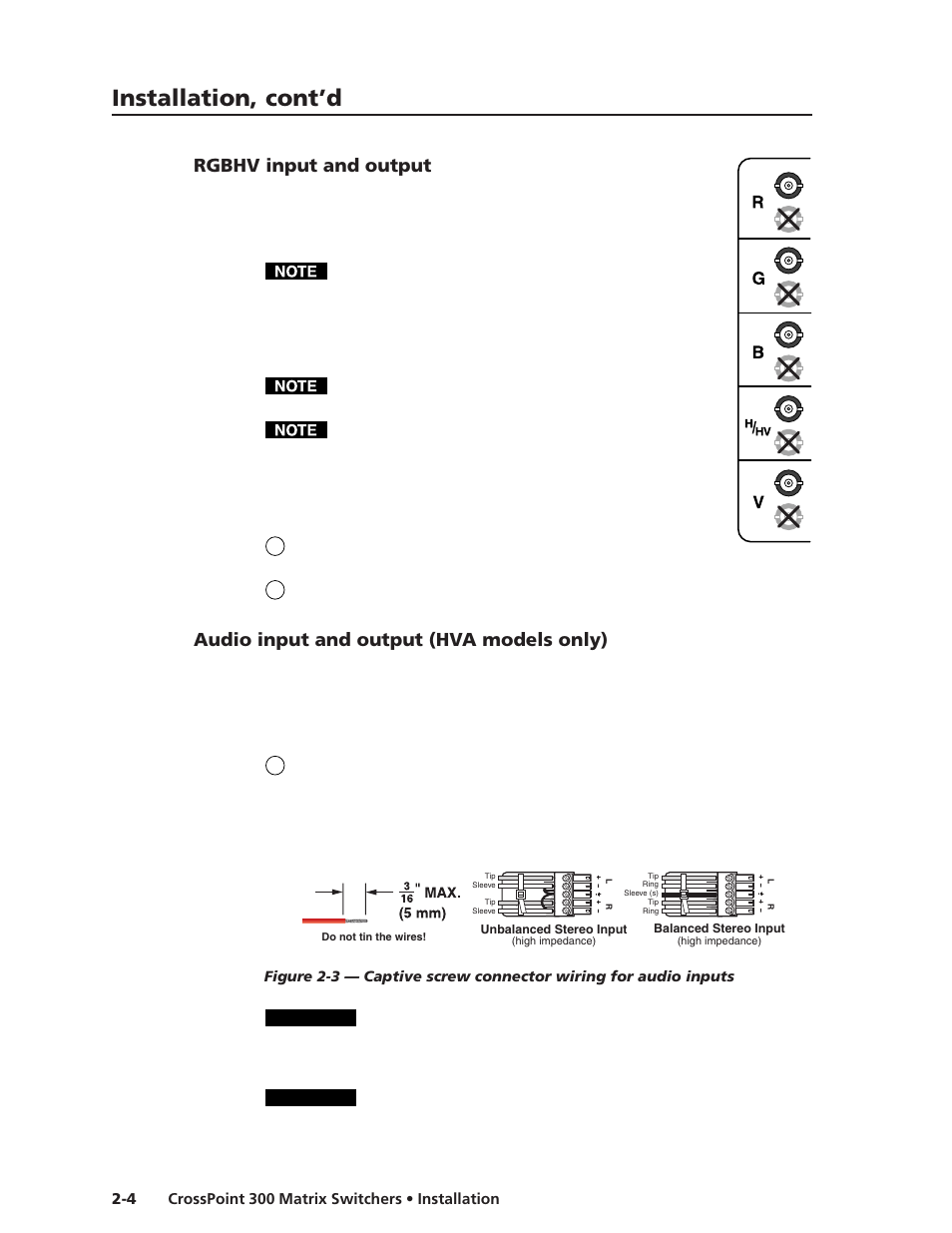 Rgbhv input and output, Audio input and output (hva models only), Installation, cont’d | Extron Electronics CrossPoint 300 Series User Manual | Page 18 / 104