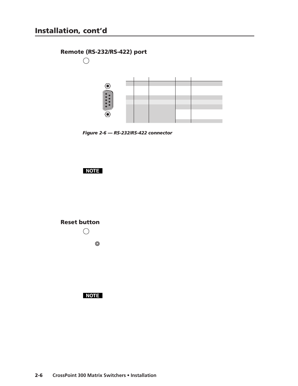 Remote (rs-232/rs-422) port, Reset button, Installation, cont’d | Extron Electronics CrossPoint 300 Series User Manual | Page 20 / 104