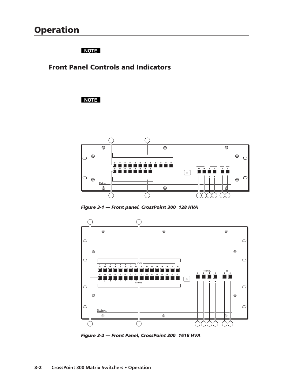 Front panel controls and indicators, Operation, Operation, cont’d | Extron Electronics CrossPoint 300 Series User Manual | Page 26 / 104