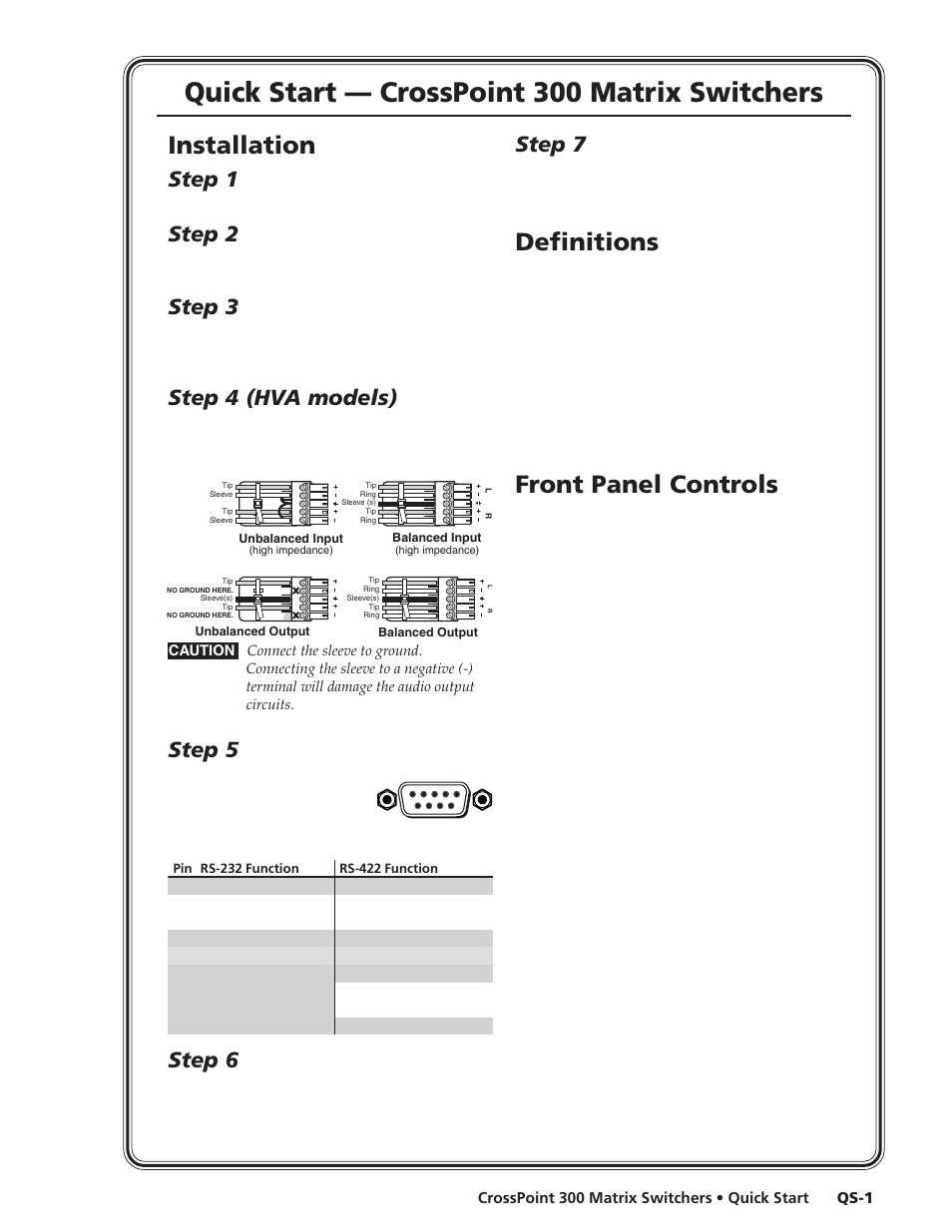 Quick start, Quick start — crosspoint 300 matrix switchers, Installation | Definitions, Front panel controls, Step 1, Step 2, Step 3, Step 4 (hva models), Step 5 | Extron Electronics CrossPoint 300 Series User Manual | Page 3 / 104