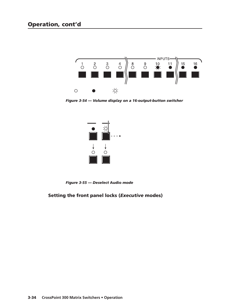 Setting the front panel locks (executive modes), Operation, cont’d, Setting the front panel locks ( executive modes) | Extron Electronics CrossPoint 300 Series User Manual | Page 58 / 104
