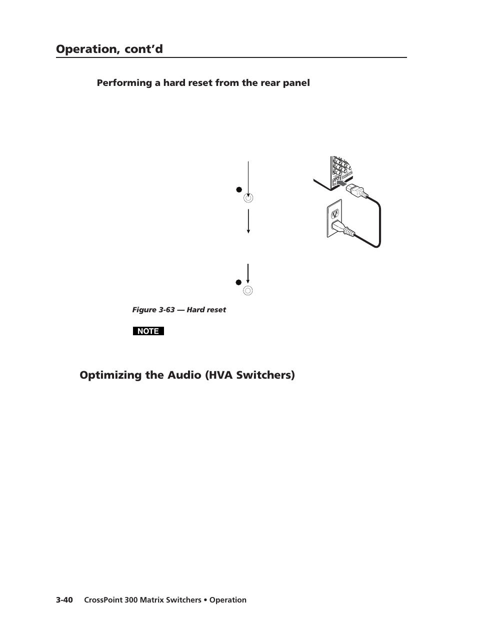 Performing a hard reset from the rear panel, Optimizing the audio (hva switchers), Operation, cont’d | Extron Electronics CrossPoint 300 Series User Manual | Page 64 / 104