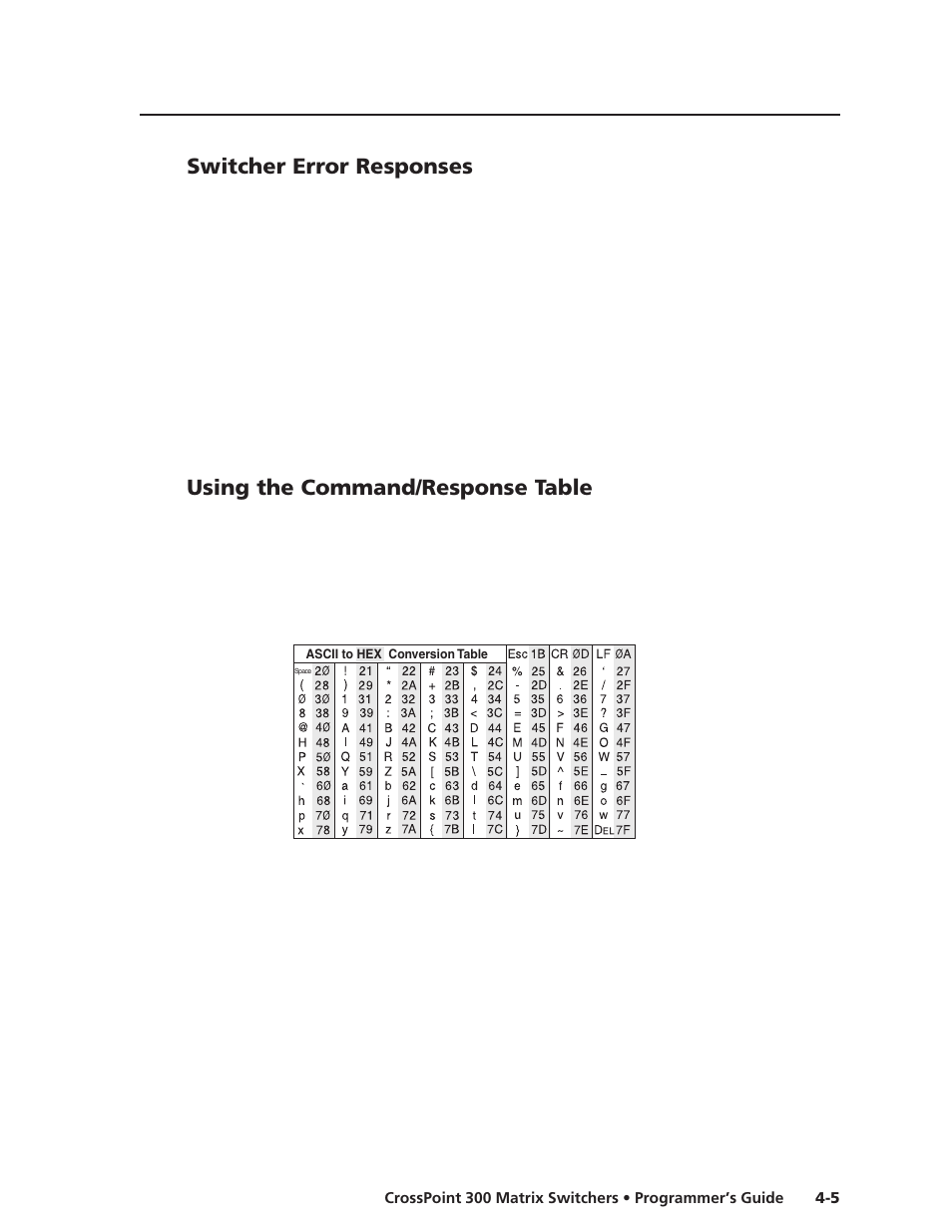 Switcher error responses, Using the command/response table | Extron Electronics CrossPoint 300 Series User Manual | Page 75 / 104